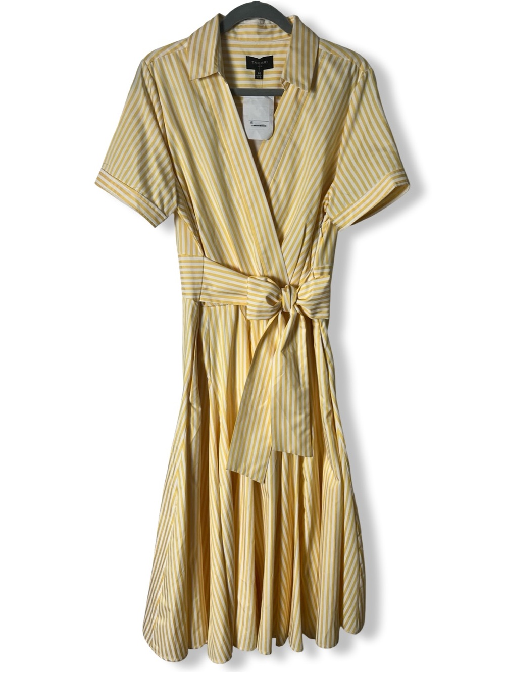 Tahari Asl Women’s Striped Wrap Midi Dress Front Tie Pockets Yellow NWT‎ Sz 14